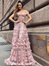 A Line Pink Lace Off The Shoulder Appliques Prom Dress LBQ0590