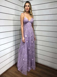 A Line Lavender Spaghetti Straps V Neck Appliques Tulle Prom Dresses