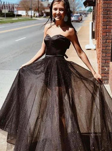 Black Tulle Strapless A Line Sequins Prom Dresses 