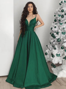 A Line V Neck Emerald Green Satin Pleats Prom Dresses