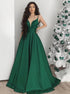 A Line V Neck Emerald Green Satin Pleats Prom Dresses LBQ2190