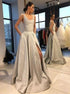 A Line Silver Slit Satin Prom dresses with Pockets LBQ2027