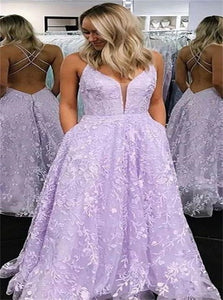 Straps Long A Line Lilac Lace Criss Cross Prom Dresses