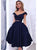 V Neck Two Pieces Knee Length Satin Navy Blue Prom Dresses 