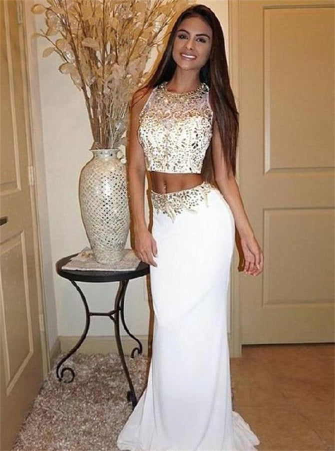 Mermaid Two Piece Beading Scoop Satin Prom Dresses | Alinepromdress Mermaid Two Piece Beading Scoop Satin Prom Dresses | Alinepromdress