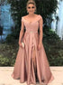 A Line Off the Shoulder Satin Prom Dress With Split LBQ2170