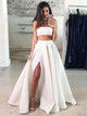 Two Piece Strapless Floor Length White Prom Dresses with Split 