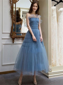 A Line Blue Spaghetti Straps Tulle Prom Dresses with Pleats