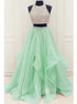 A Line Scoop Mint Organza Beaded Ruffles Organza Prom Dresses LBQ3283