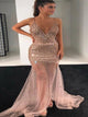 Deep V Neck Tulle Champagne Prom Dresses with Sweep Train