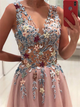 A Line V Neck Floral Beading Appliques Pink Tulle Prom Dresses