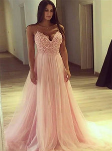 Spaghetti Straps V Neck Tulle Pink Prom Dresses