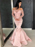Pink Mermaid Long Sleeves Off The Shoulder Appliques Satin Prom Dress LBQ3040