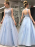 A Line Light Blue Round Neck Tulle Lace Prom Dress LBQ2482