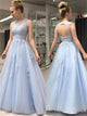 A Line Light Blue Round Neck Tulle Lace Prom Dresses