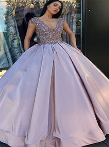 Ball Gown V Neck Satin Prom Dresses with Beadings
