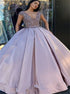 Ball Gown V Neck Floor Length Satin Prom Dress with Beadings LBQ1260