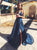 A Line V Neck Navy Blue Lace Sweep Train Prom Dresess with Split 