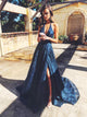 A Line V Neck Navy Blue Lace Sweep Train Prom Dresess with Split 