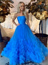 Strapless Blue Tulle Long Prom Dress LBQ1440