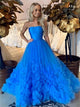 A Line Strapless Blue Tulle Long Prom Dresses