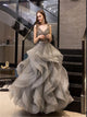 Gray V Neck Tulle Beadings Prom Dresses