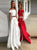 A Line Two Piece High Low Off Shoulder Satin Red Appliques Prom Dresses 