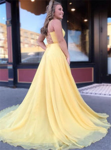 A Line Spaghetti Straps Lace Up Tulle Yellow Prom Dresses