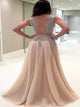 A Line Tulle Champagne Sweep Train Prom Dresses