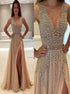 A Line V Neck Tulle Split Beadings Backless Prom Dresses LBQ1333