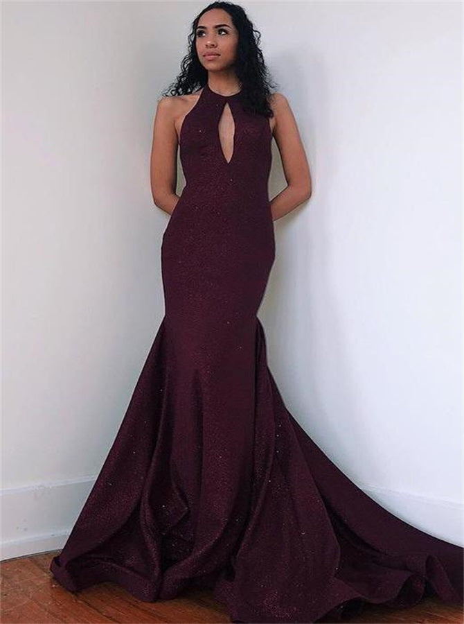 Mermaid Burgundy Keyhole Satin Prom Dresses | Alinepromdress Mermaid Burgundy Keyhole Satin Prom Dresses | Alinepromdress