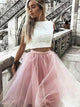 Scoop Floor Length Tulle Lace Pink Prom Dresses