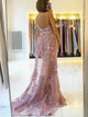 Sweep Train Pink Backless Evening Dresses