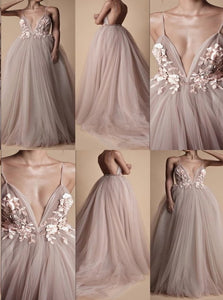  A line Spaghetti Straps Backless Tulle Appliques Prom Dresses