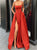 Spaghetti Straps Red Floor Length Satin Prom Dresses with Slit