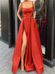 Spaghetti Straps Red Floor Length Satin Prom Dresses with Slit