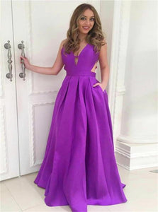A Line Deep V Neck Backless Purple Satin Prom Dresses