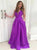 A Line Deep V Neck Backless Purple Satin Prom Dresses