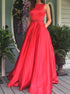 A Line Scoop Satin Red Beadings Prom Dress with Pockets LBQ2638