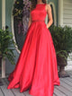 A Line Scoop Satin Red Beadings Prom Dresses