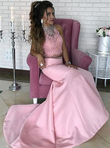 A Line Halter Two Piece Appliques Satin Pink Prom Dresses