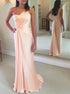 Peach One Shoulder Pleats Satin Prom Dress LBQ2699