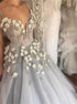 A Line Spaghetti Straps Silver Tulle Appliques Prom Dress LBQ2884