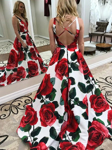 A Line Red Floral Criss Cross Satin Prom Dresses