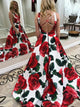 A Line Red Floral Criss Cross Satin Prom Dresses