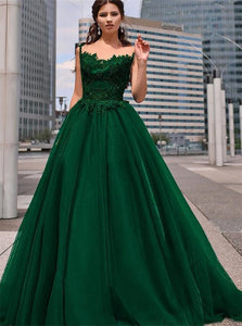Green Scoop Beading A Line Satin Chiffon Prom Dresses