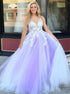 Floral Appliques Tulle V Neck Lavender Prom Dresses LBQ1736