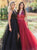 A Line V Neck Burgundy Satin Tulle Prom Dresses with Slit