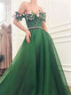 A Line Off the Shoulder Green Tulle Prom Dresses with Flowers