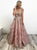 A Line Lace V Neck Appliques Short Sleeves Open Back Pink Prom Dresses